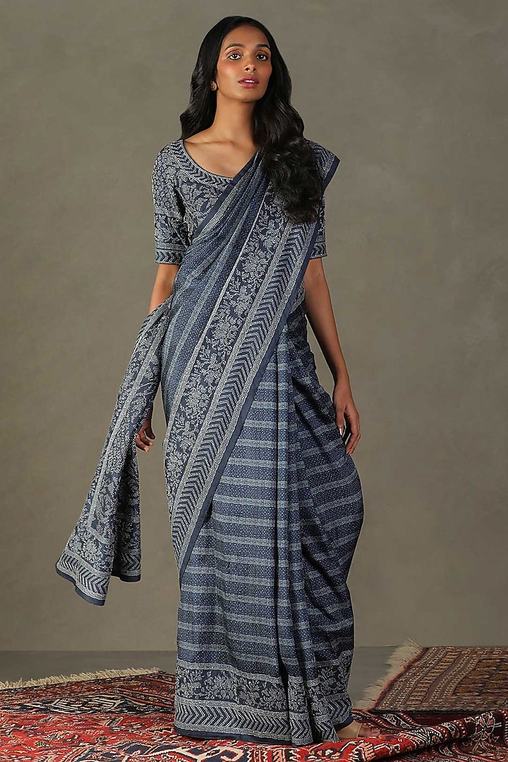 Blue Silk Geometric Printed Saree Set by Ri Ritu Kumar
