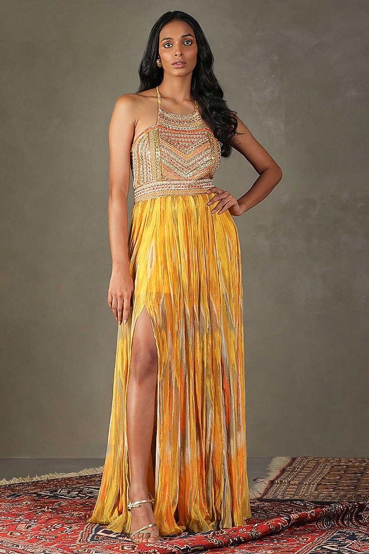 Yellow Viscose Geometric Printed Maxi Party Wear Dress by Ri Ritu Kumar at Pernia's Pop Up Shop
