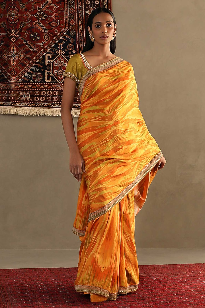 Yellow Silk Geometric Printed Wedding Saree Set by Ri Ritu Kumar at Pernia's Pop Up Shop