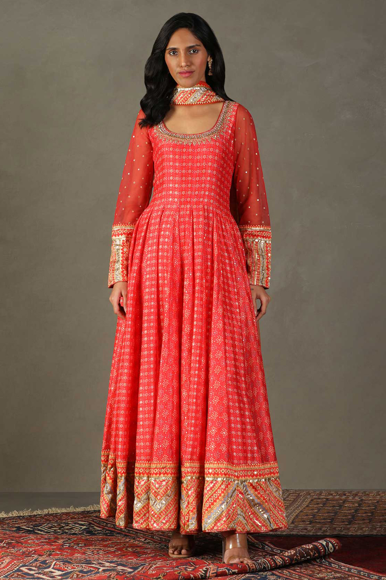 Candy Coral Silk Bandhani printed Kurta Set by Ri Ritu Kumar at Pernia's Pop Up Shop