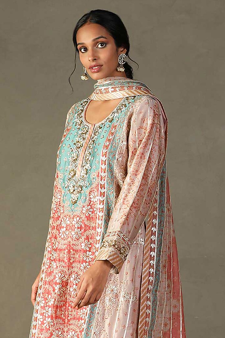 Pink & Blue Cotton Gota Hand Embroidered Kurta Set by Ri Ritu Kumar at Pernia's Pop Up Shop