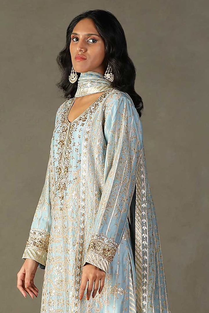 Powder Blue Cotton & Silk Gota Hand Embroidered Kurta Set by Ri Ritu Kumar at Pernia's Pop Up Shop