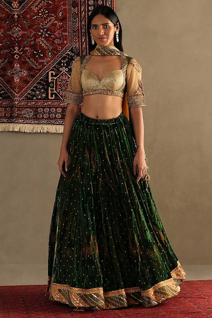Jewel Green Silk Machine & Hand Embroidered Bridal lehenga for 22 Lehenga Set by Ri Ritu Kumar at Pernia's Pop Up Shop