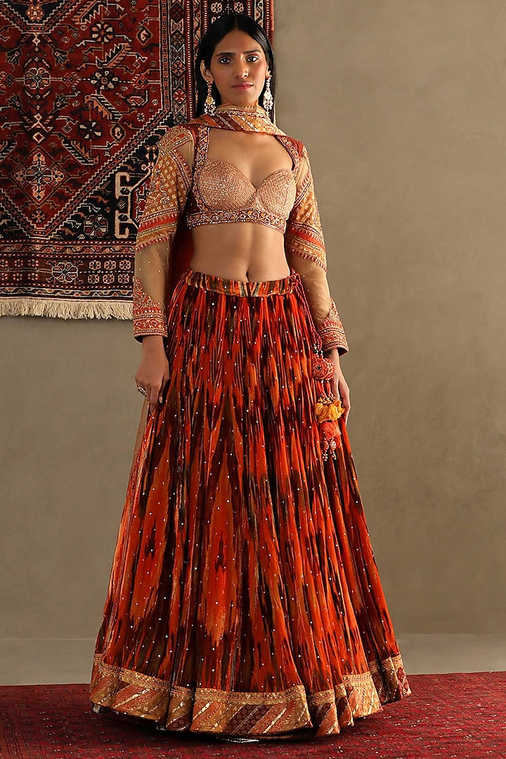 Amber Orange Silk Machine & Hand Embroidered Bridal lehenga for 22 Lehenga Set by Ri Ritu Kumar at Pernia's Pop Up Shop