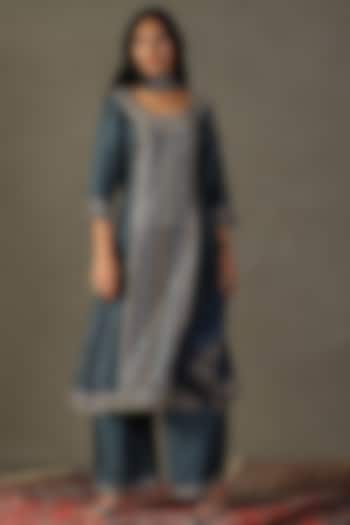 Blue Mirage Flat Dupion Geometric Printed & Hand Embroidered Kurta Set by Ri Ritu Kumar at Pernia's Pop Up Shop