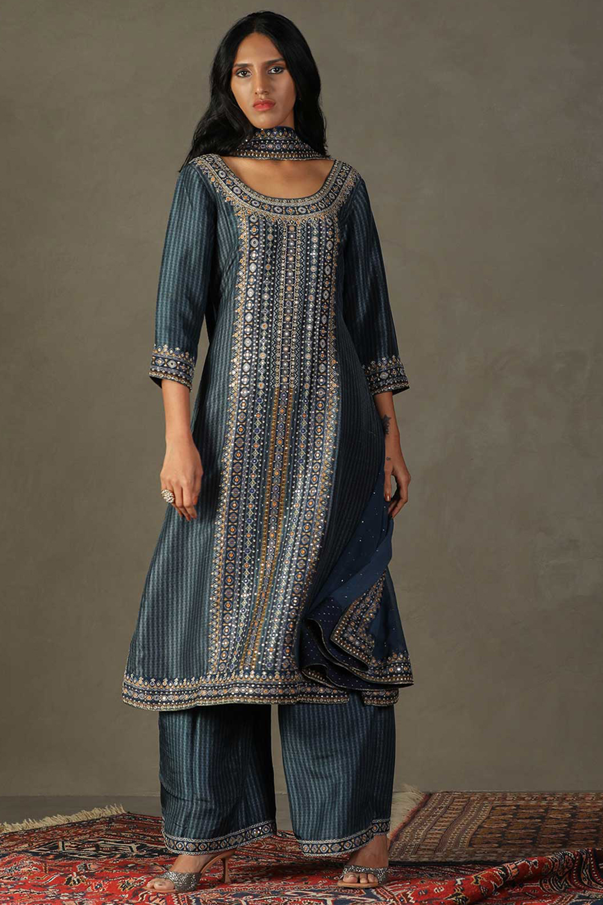 Blue Mirage Flat Dupion Geometric Printed & Hand Embroidered Kurta Set by Ri Ritu Kumar at Pernia's Pop Up Shop