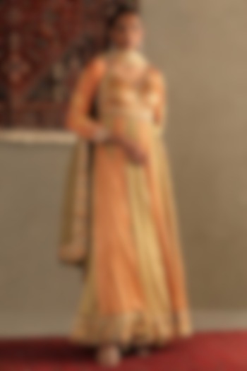 Tan & Moss Green Silk Bandhani Printed & Embroidered Kurta Set by Ri Ritu Kumar at Pernia's Pop Up Shop