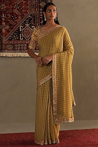 Moss Green Silk Bandhani printed & Embroidered Saree Set by Ri Ritu Kumar