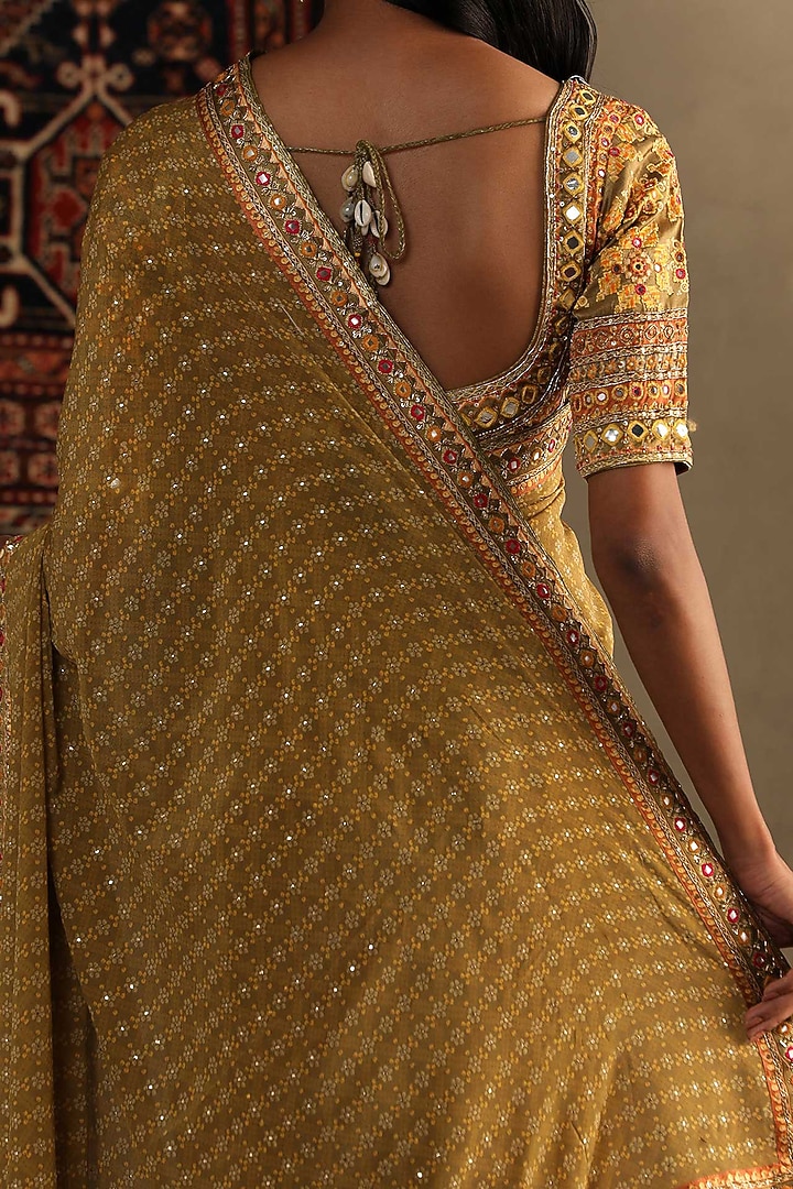 Moss Green Silk Bandhani printed & Embroidered Reception Saree Set by Ri Ritu Kumar at Pernia's Pop Up Shop