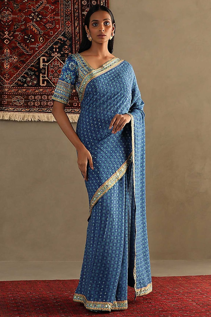 Quartz Blue Silk Bandhani printed & Embroidered Saree Set by Ri Ritu Kumar