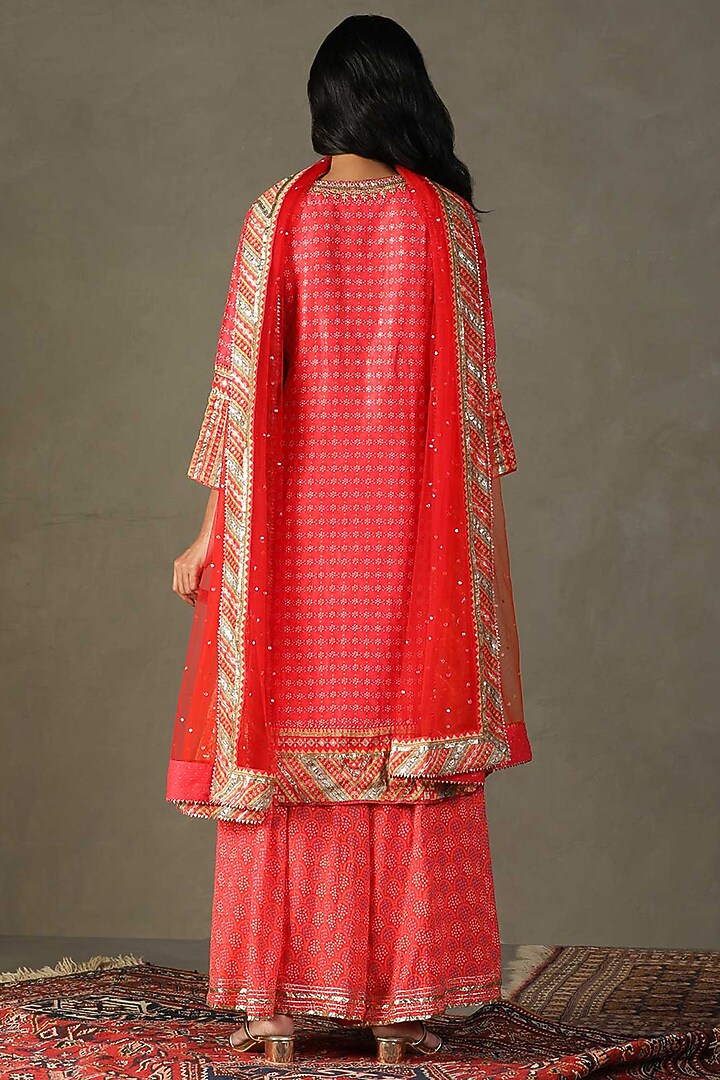 Candy Coral Silk Chanderi Bandhani Printed & Embroidered Gharara Set by Ri Ritu Kumar at Pernia's Pop Up Shop