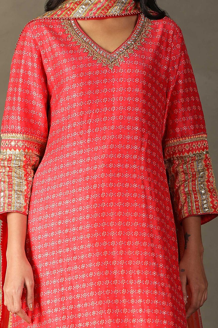 Candy Coral Silk Chanderi Bandhani Printed & Embroidered Gharara Set by Ri Ritu Kumar at Pernia's Pop Up Shop
