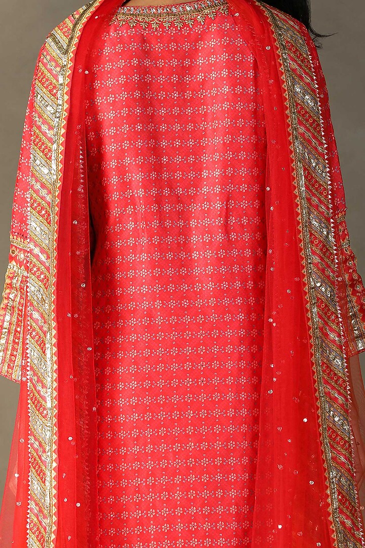 Candy Coral Silk Chanderi Bandhani Printed & Embroidered Gharara Set by Ri Ritu Kumar at Pernia's Pop Up Shop