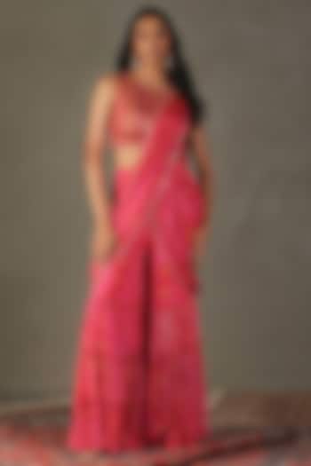 Fuchsia Viscose Chinon Floral Printed & Hand Embroidered Pant Reception Saree Set by Ri Ritu Kumar at Pernia's Pop Up Shop