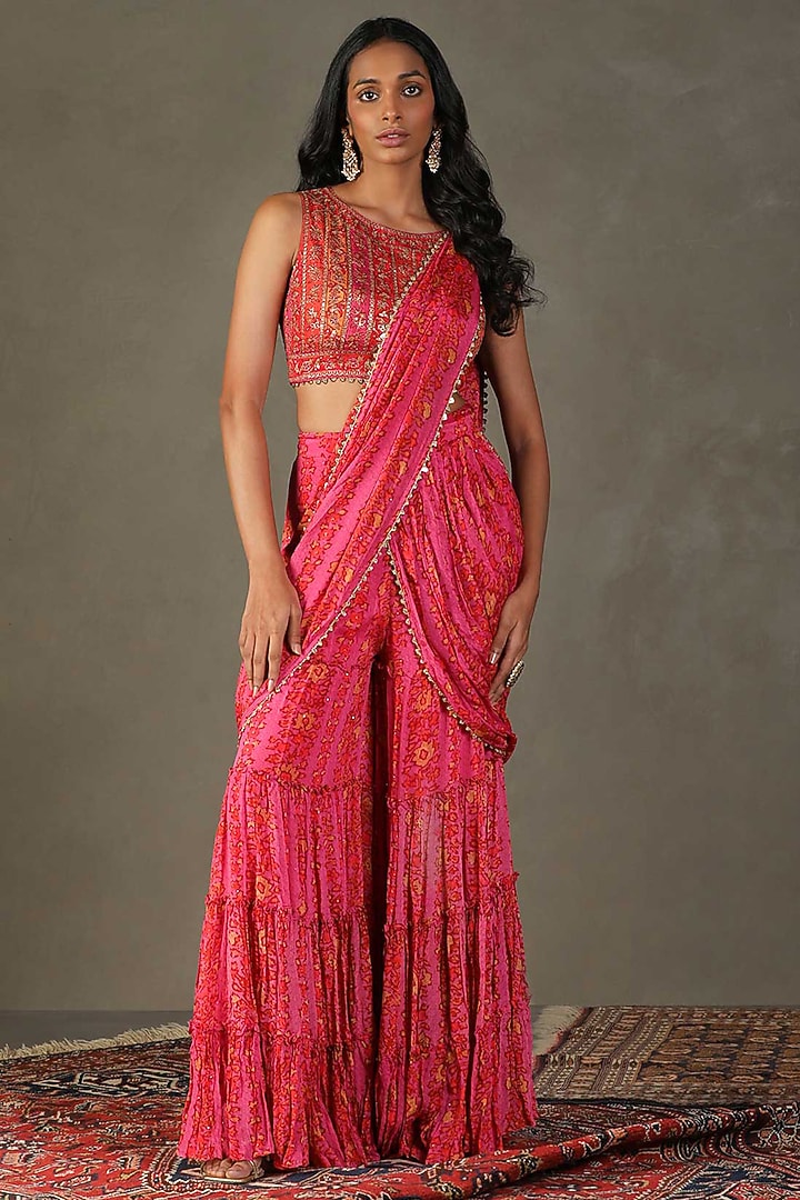 Fuchsia Viscose Chinon Floral Printed & Hand Embroidered Pant Reception Saree Set by Ri Ritu Kumar at Pernia's Pop Up Shop