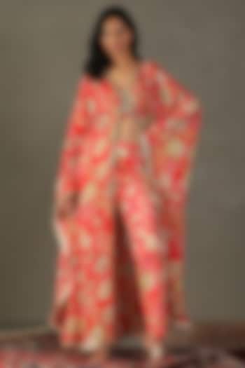 Red Silk Floral Printed & Embroidered Cape Set by Ri Ritu Kumar at Pernia's Pop Up Shop