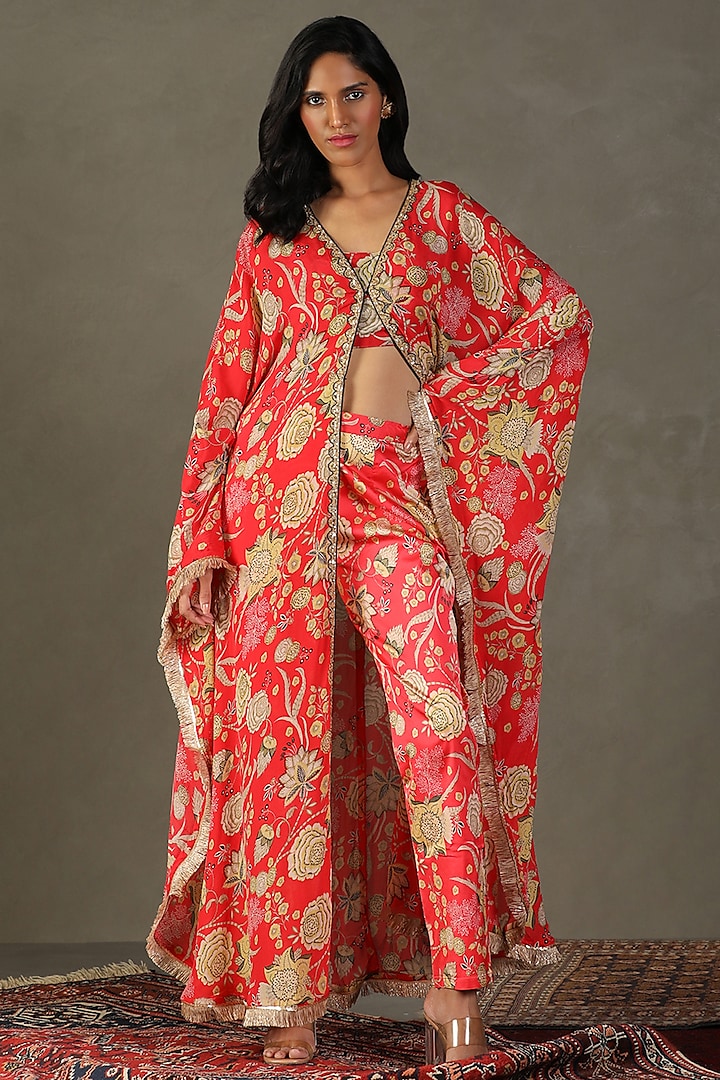 Red Silk Floral Printed & Embroidered Cape Set by Ri Ritu Kumar at Pernia's Pop Up Shop