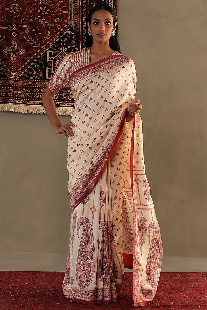 Dusty Cream Silk Geometric Printed Saree Set by Ri Ritu Kumar