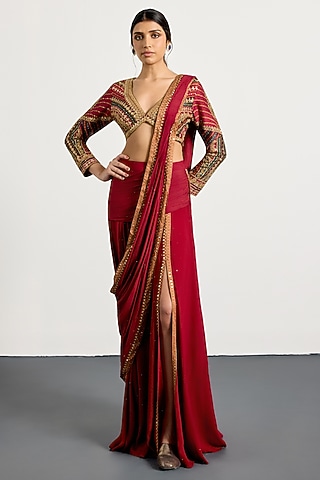 Prune Viscose Chinon Floral Printed & Zari Embroidered Saree Set by Ri Ritu Kumar