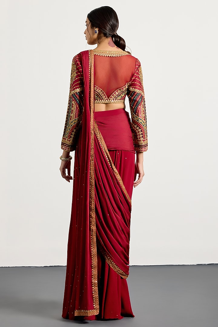 Prune Viscose Chinon Floral Printed & Zari Embroidered Reception Saree Set by Ri Ritu Kumar at Pernia's Pop Up Shop