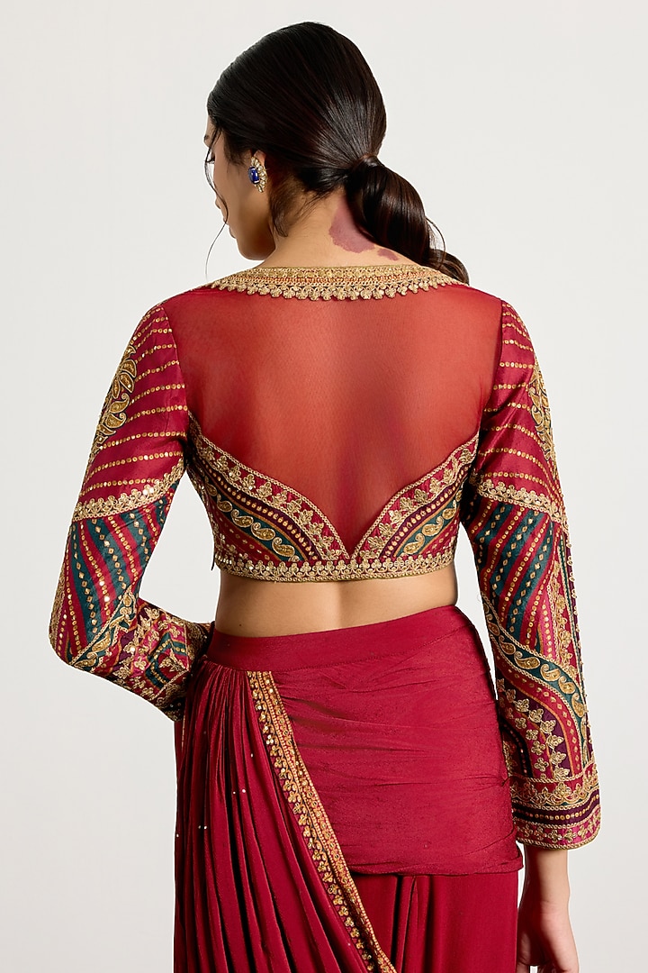 Prune Viscose Chinon Floral Printed & Zari Embroidered Reception Saree Set by Ri Ritu Kumar at Pernia's Pop Up Shop
