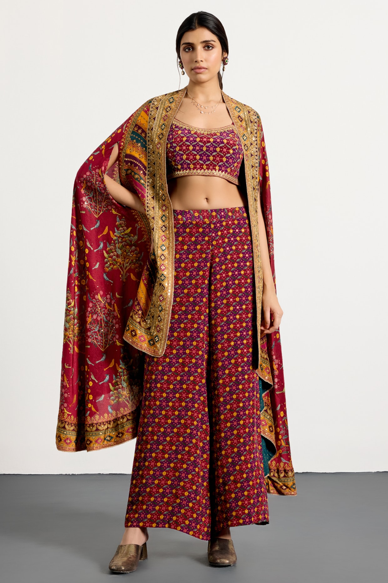 Ri Ritu Kumar Multi-Colored Dupion Floral Printed Cape Set