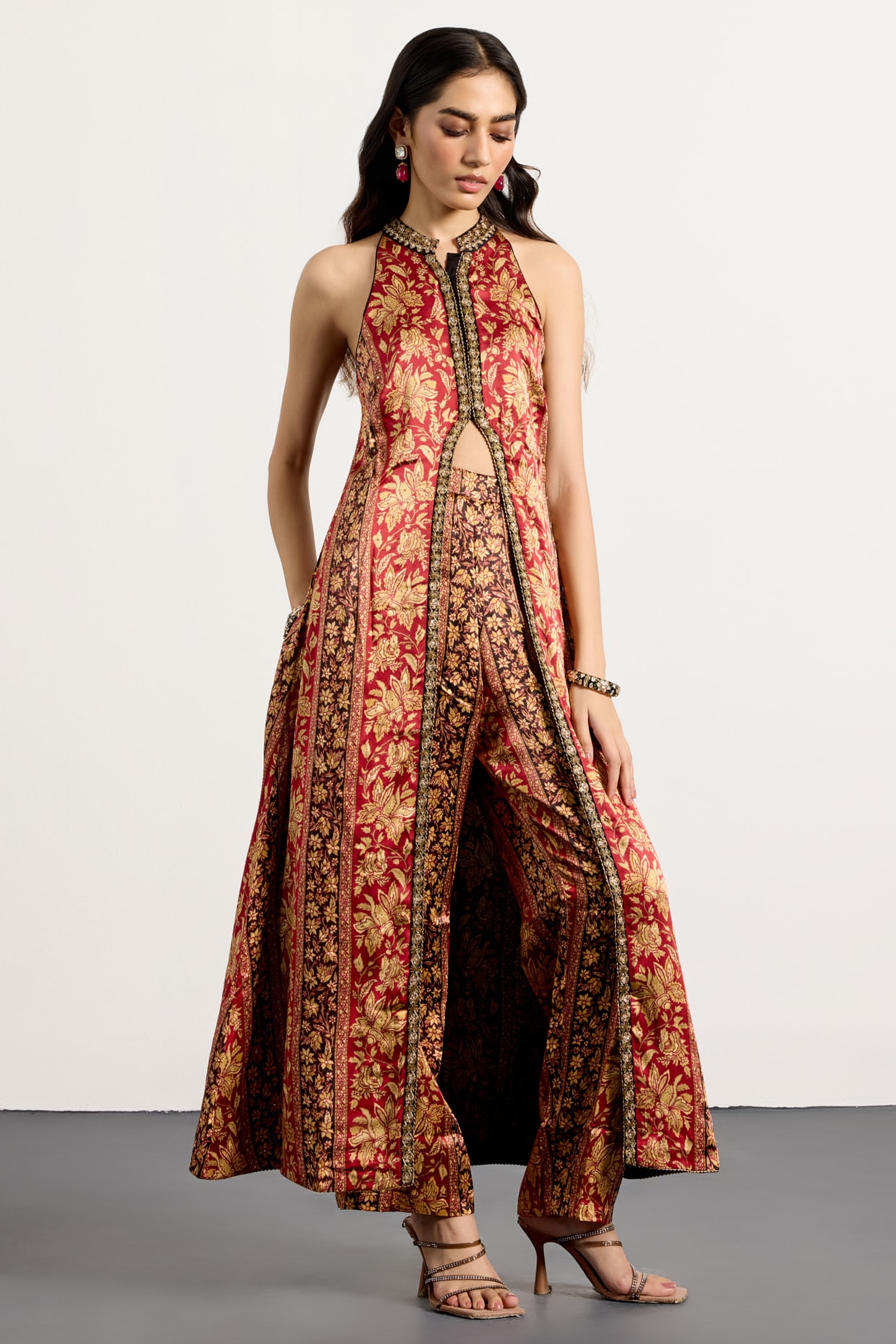 Ri Ritu Kumar Burgundy & Beige Rayon Floral Printed Halter Kurta Set