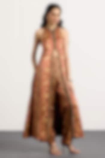 Burgundy & Beige Rayon Floral Printed Halter Kurta Set by Ri Ritu Kumar at Pernia's Pop Up Shop
