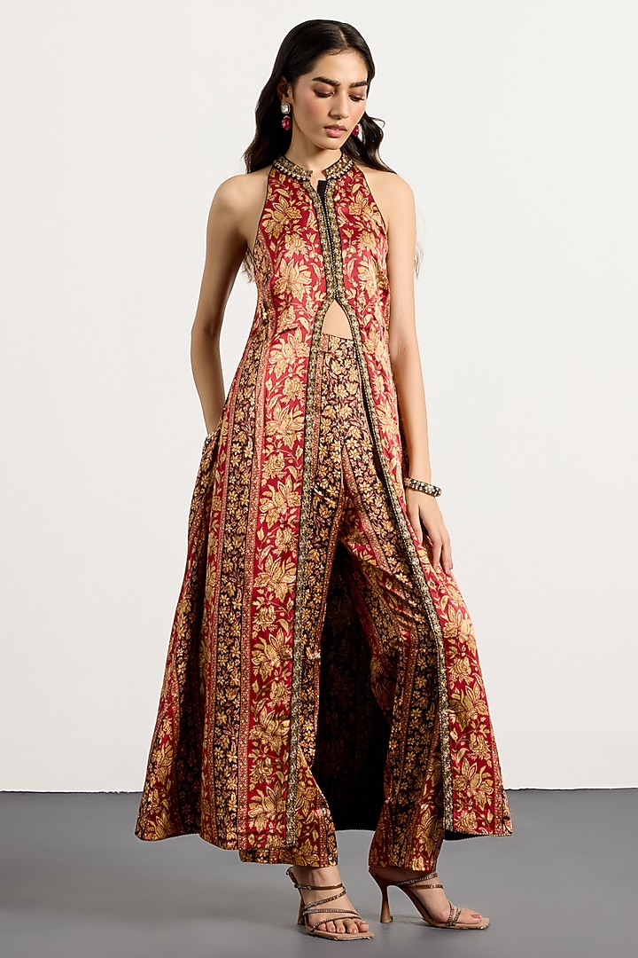 Burgundy & Beige Rayon Floral Printed Halter Kurta Set by Ri Ritu Kumar at Pernia's Pop Up Shop