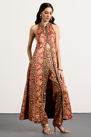 Burgundy & Beige Rayon Floral Printed Halter Kurta Set by Ri Ritu Kumar