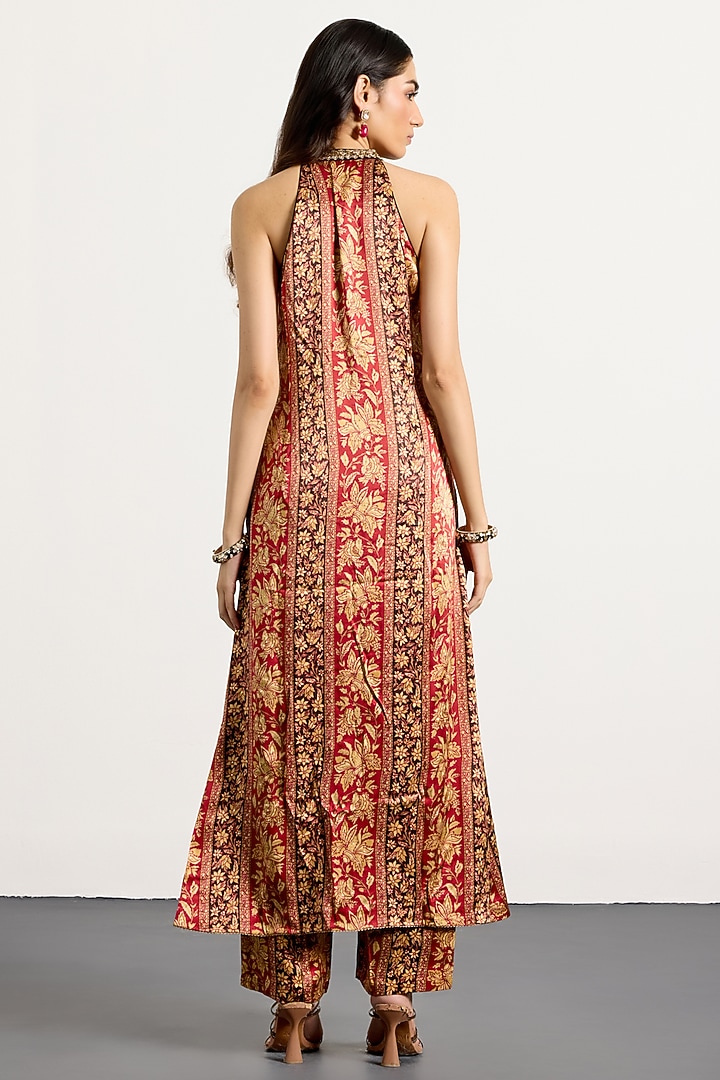 Burgundy & Beige Rayon Floral Printed Halter Kurta Set by Ri Ritu Kumar at Pernia's Pop Up Shop
