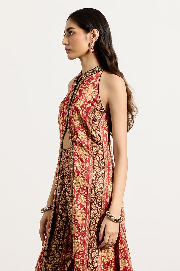 Burgundy & Beige Rayon Floral Printed Halter Kurta Set by Ri Ritu Kumar at Pernia's Pop Up Shop