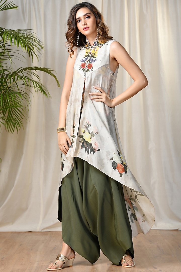 Off White Printed Jacket With Embroidered Inner & Pants by Ri Ritu Kumar