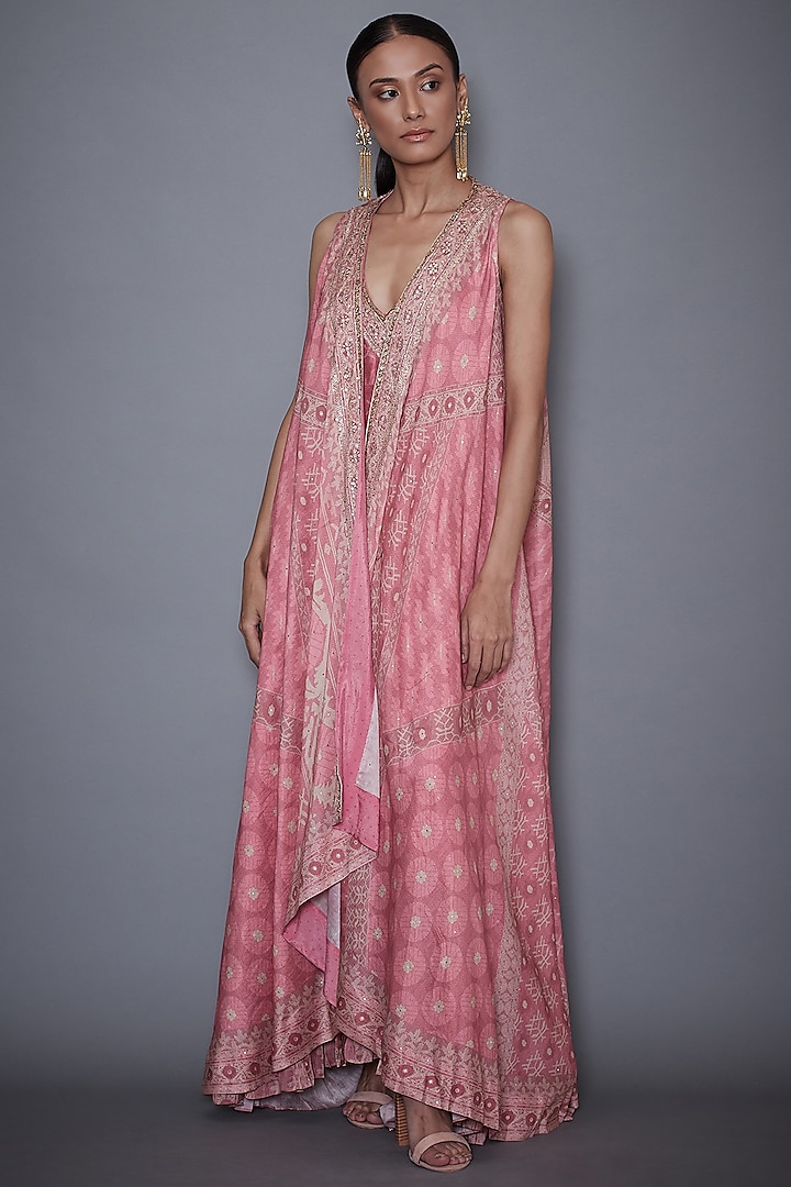 Pastel Pink Embroidered Dress With Jacket by Ri Ritu Kumar