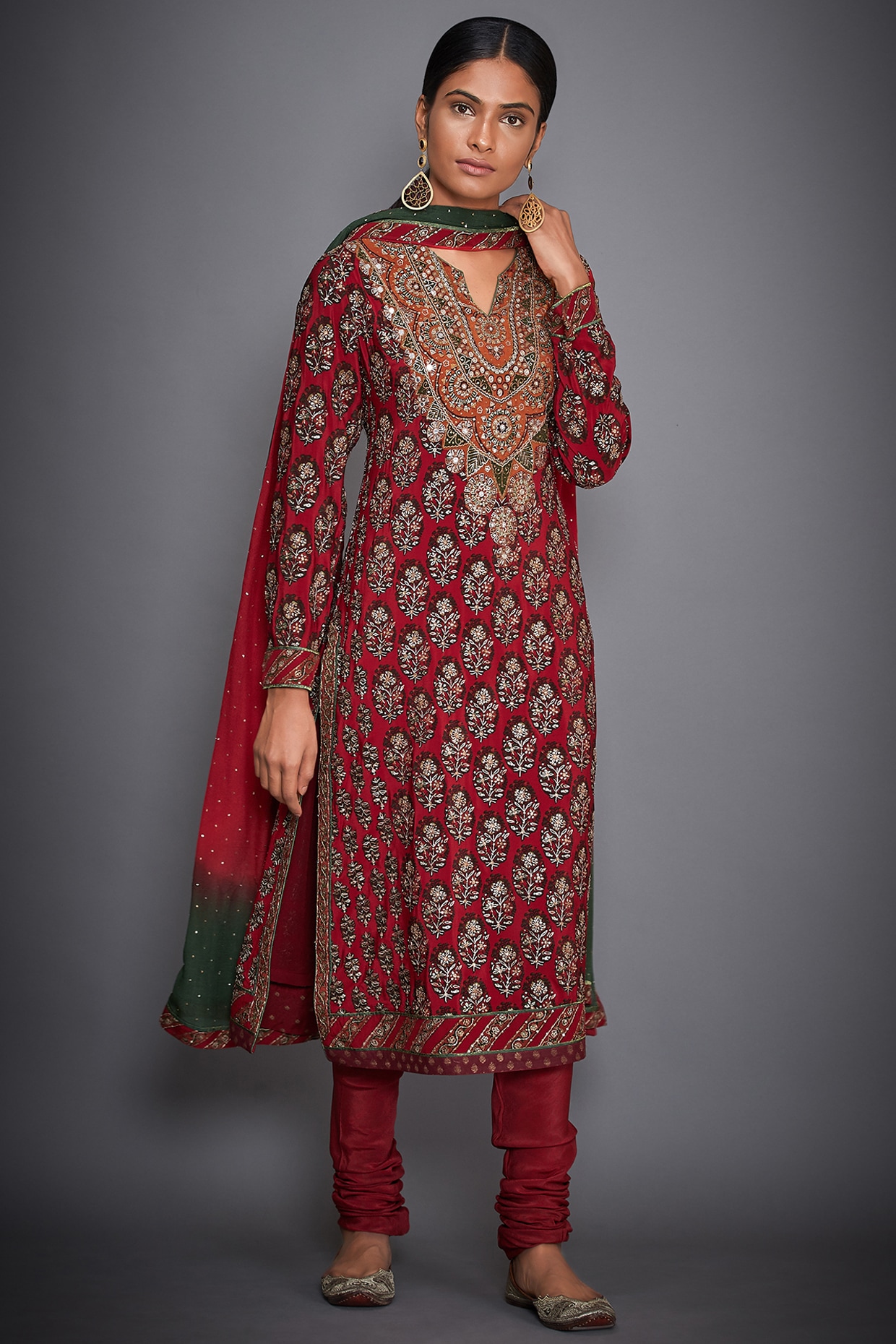 Red Floral Embroidered Kurta Set Design by Ri Ritu Kumar at