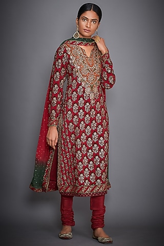 Red Floral Embroidered Kurta Set by Ri Ritu Kumar