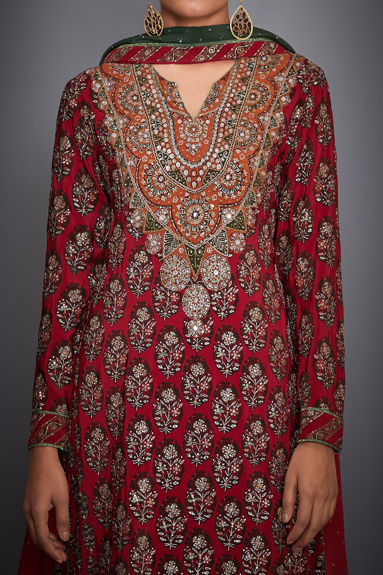 Red Floral Embroidered Kurta Set Design by Ri Ritu Kumar at