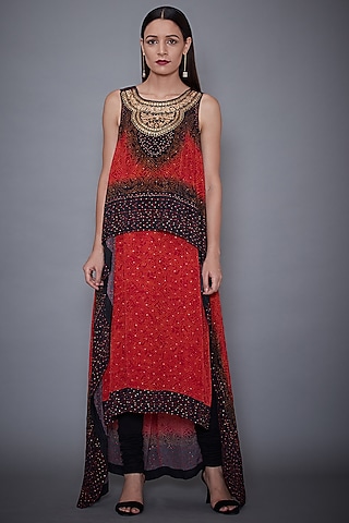 Red & Black Embroidered Printed Kurta Set by Ri Ritu Kumar