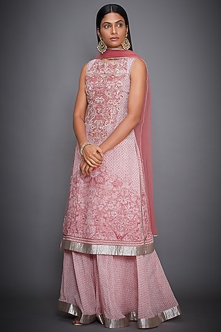 Off White & Coral Embroidered Printed Kurta Set by Ri Ritu Kumar
