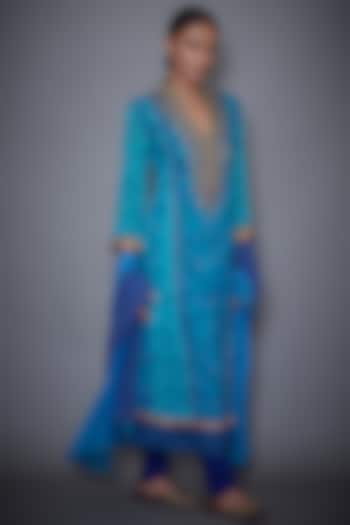 Royal Blue & Turquoise Embroidered Kurta Set by Ri Ritu Kumar at Pernia's Pop Up Shop