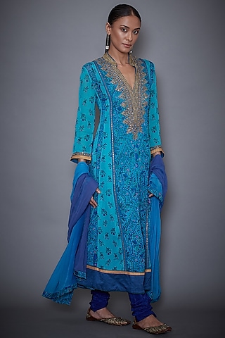 Royal Blue & Turquoise Embroidered Kurta Set by Ri Ritu Kumar