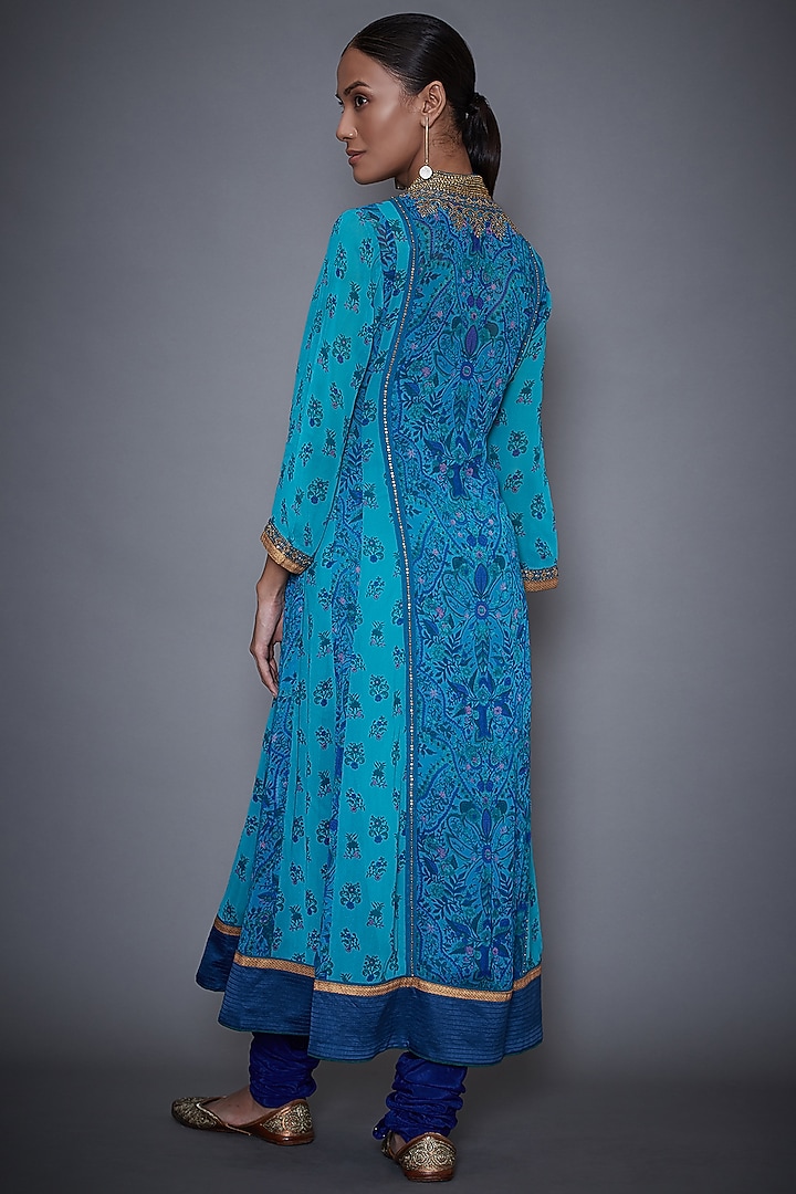 Royal Blue & Turquoise Embroidered Kurta Set by Ri Ritu Kumar at Pernia's Pop Up Shop