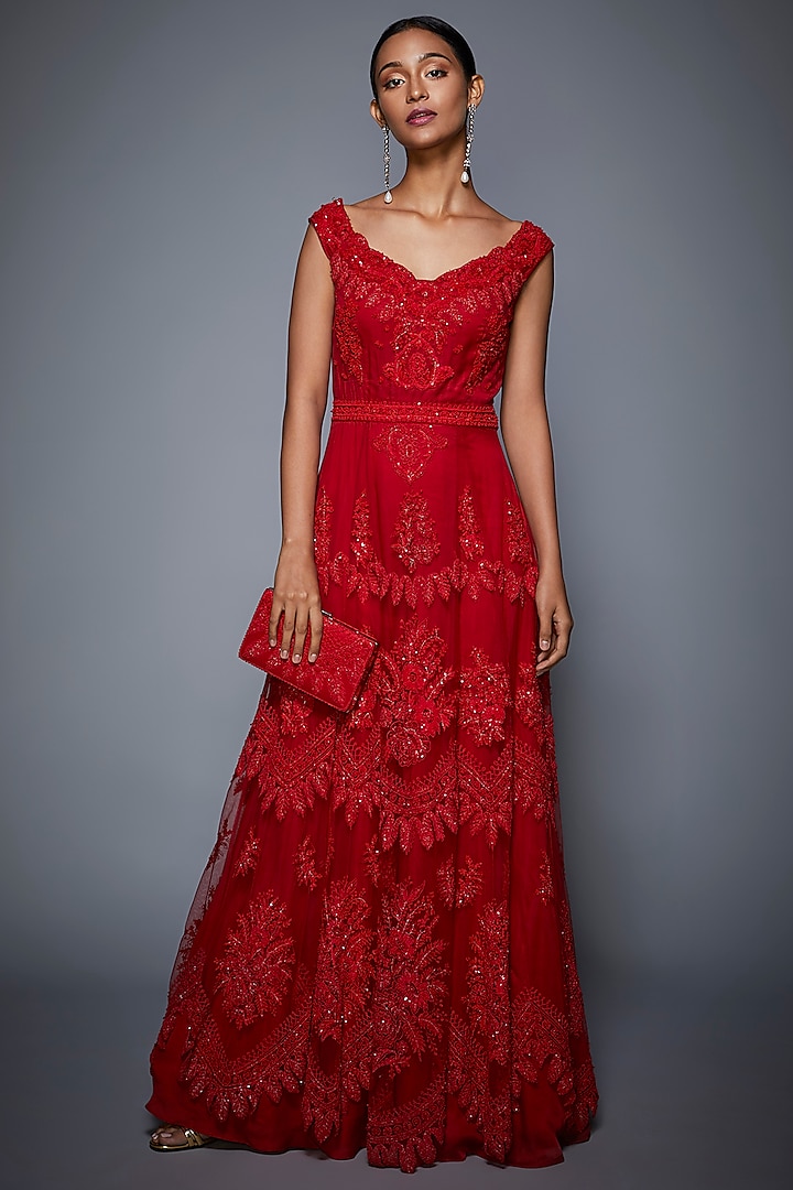 Red Embroidered Sleeveless Gown by Ri Ritu Kumar