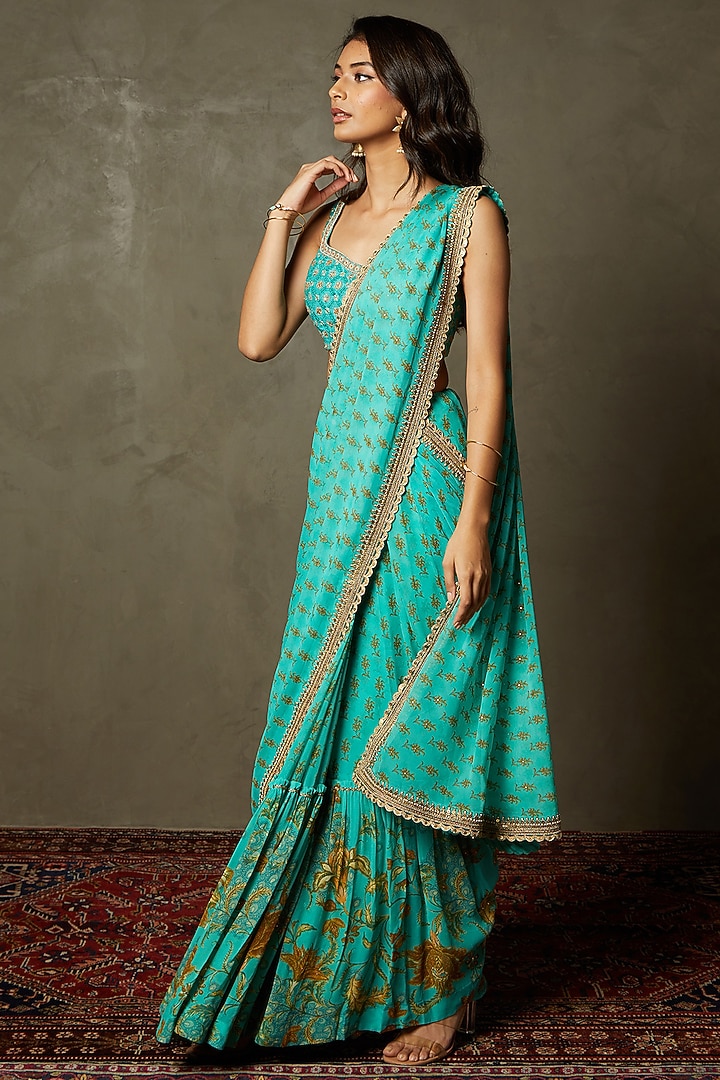 Aqua green embroidered saree set