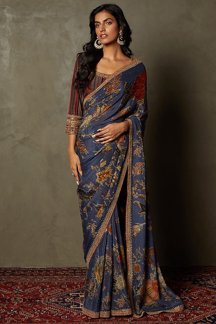 Blue Print & Embroidered Saree Set main image 1