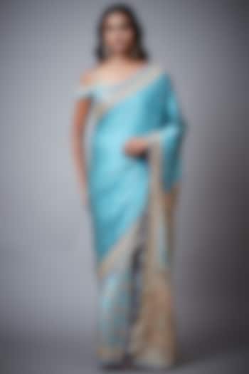 Turquoise Silk Satin Aari Embroidered Saree Set by Ri Ritu Kumar