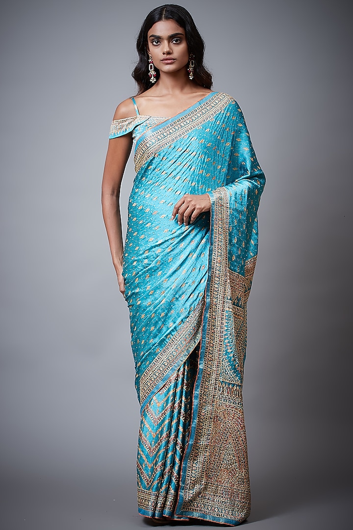 Turquoise Silk Satin Aari Embroidered Saree Set by Ri Ritu Kumar