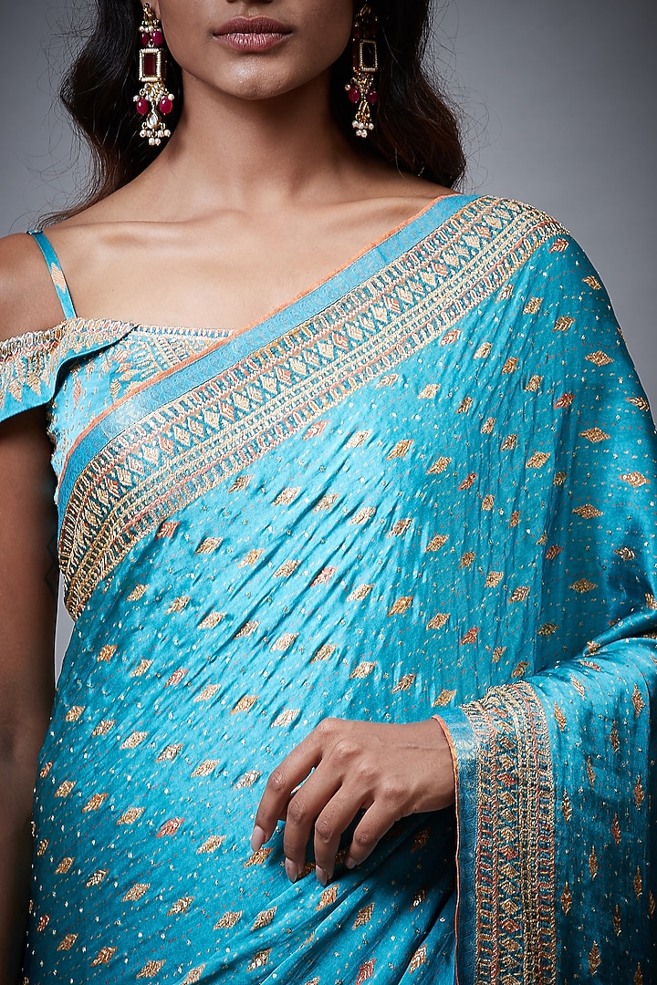 Turquoise Silk Satin Aari Embroidered Bridal Saree Set by Ri Ritu Kumar at Pernia's Pop Up Shop