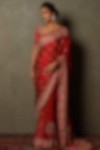 Red Silk Satin Embroidered Bridal Saree Set by Ri Ritu Kumar at Pernia's Pop Up Shop