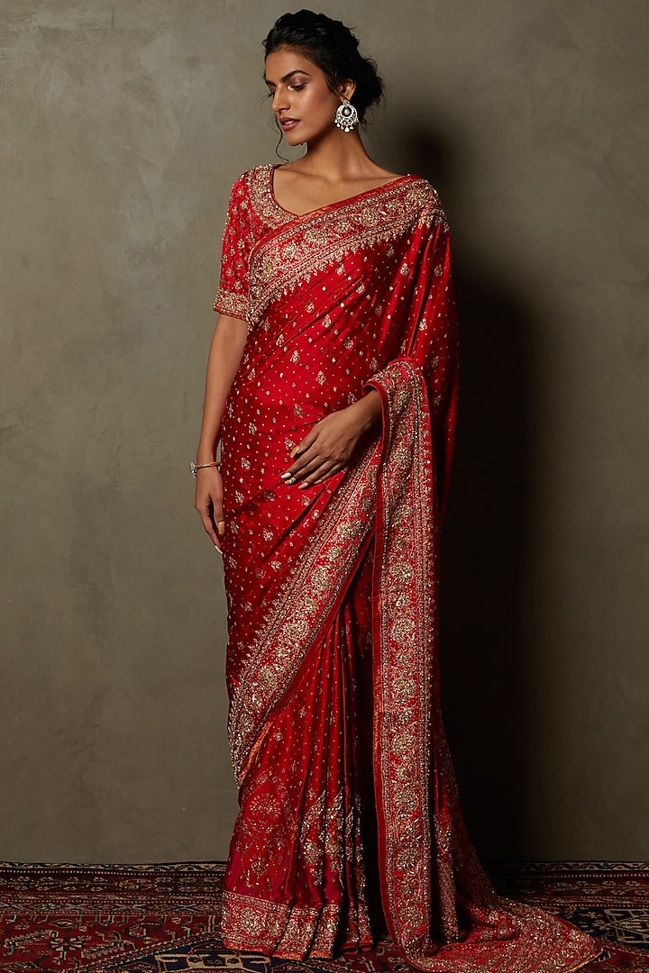 Red Silk Satin Embroidered Bridal Saree Set by Ri Ritu Kumar at Pernia's Pop Up Shop